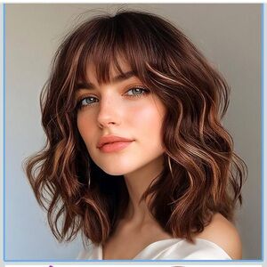 Bob Wavy Wig Reddish Caramel Brown Curly w/ Bangs Synthetic Heat Resistant 16”